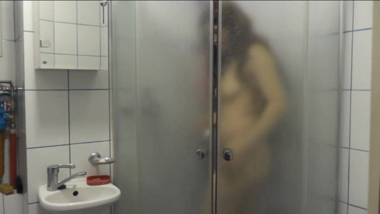 XXX-Platinum: In Shower Beautiful Woman with Long Hair Washes and Pisses