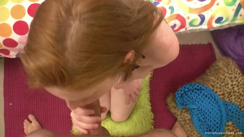 Homegrown Video: Skinny redhead teen sucks cock and swallows a load