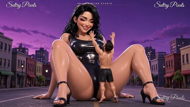 Sultry Pixels 3D: Yüksek topuklu kulelerde yağlanmış dev kadın minik bir adamın üzerinde - dev...