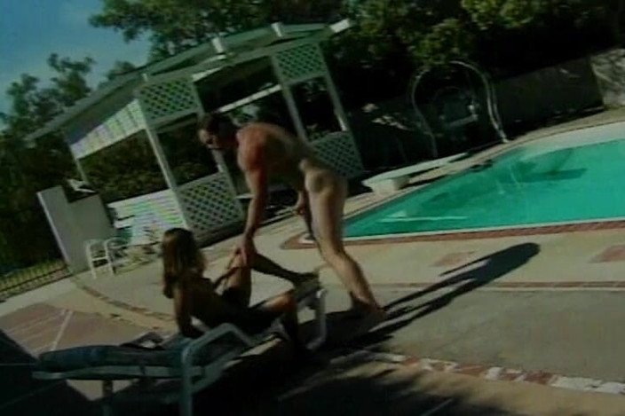 Lovers Of Vintage: Awesome Brunette Babe Rides Dick by the Pool