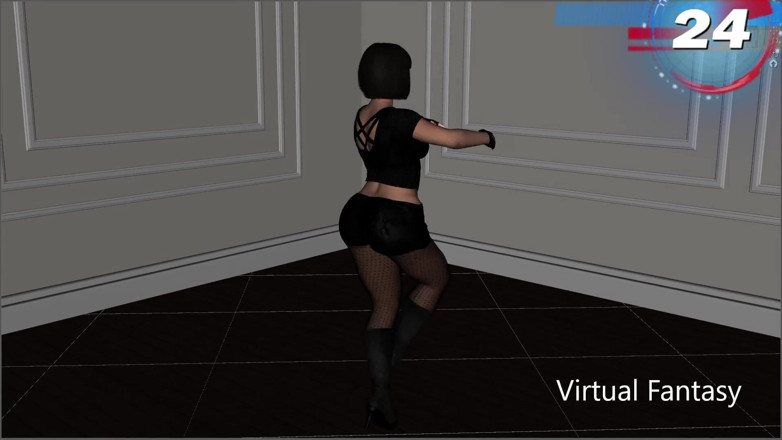 Virtual fantasy studio: Sexy 3D girl dancing in black clubwear and bodysuit.