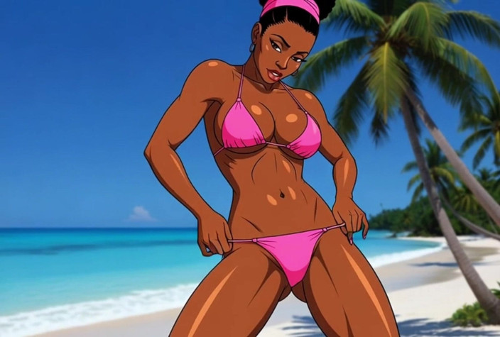 Octopussy Lovers Club: 乌木女孩在海滩上做爱。非洲女孩。卡通。地球上最性感的女孩