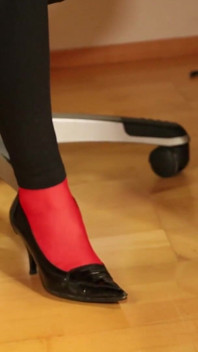 Red Stockings & Stiletto Footplay Under Leggings