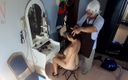 Regina Noir: Camera in nude barbershop. Hairdresser makes undress lady ho cut...