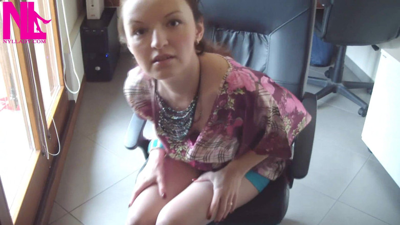 Nyllady: Nyllady Putting on Pantyhose and Footplay with Milk Colored Wedges