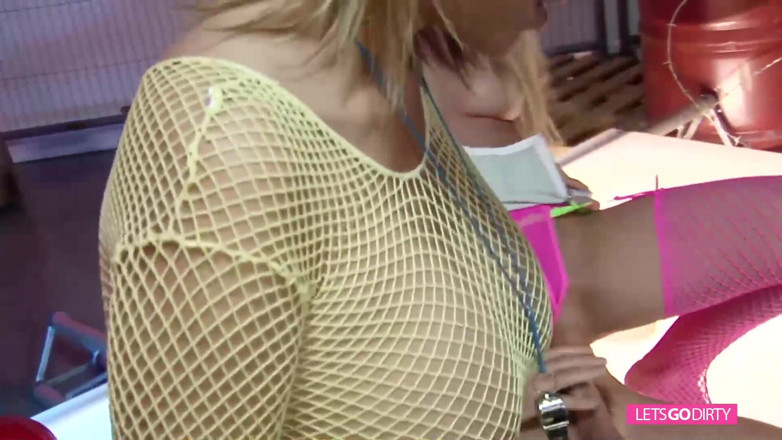 LetsGoEroticOnly: Blonde babes in fishnets with great boobs enjoy in one...
