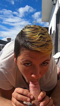Outdoor blowjob & swallow on the terrace