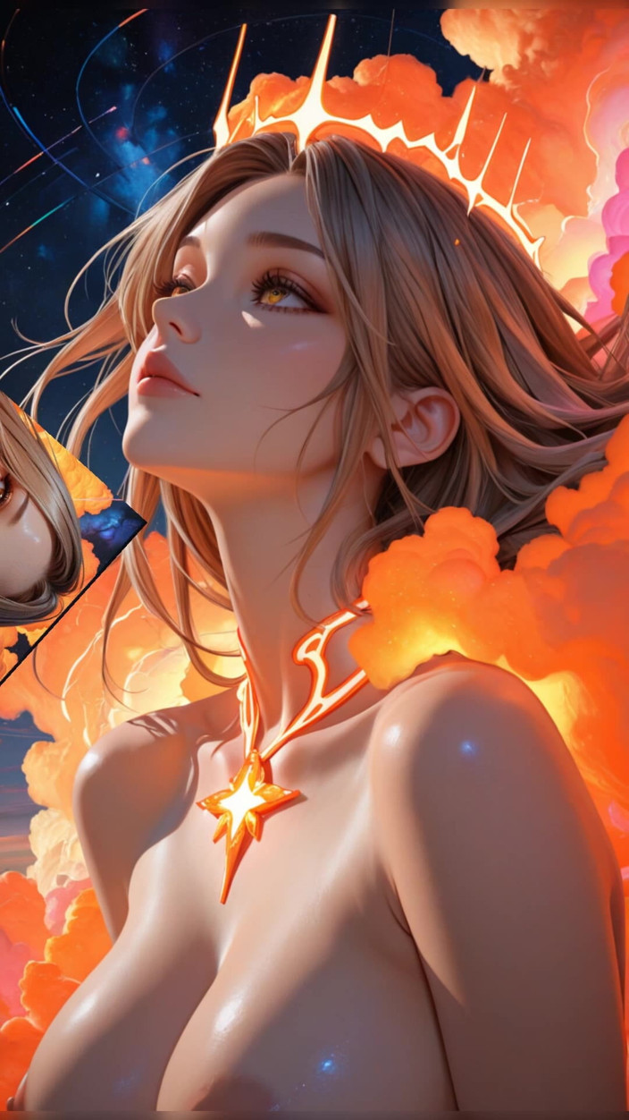 VelvetInk Studio: Kosmische Neon-göttin, nacktes Schönheits-Porträt mit glänzenden Cyberwolken, Ai Art Diashow