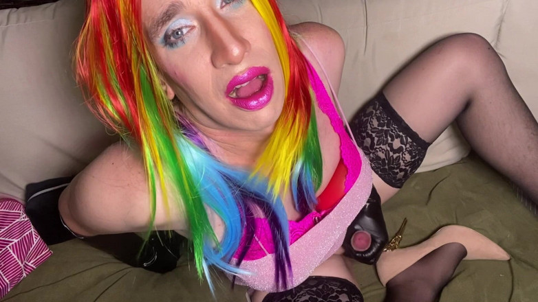 Natasha Sparklez: Rainbow Haired Sissy Jerks off and Eats Cum