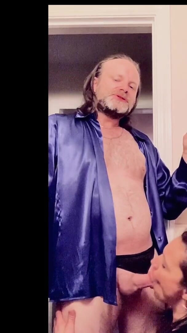 Satin Fetish King: Satin cougar cocksucker can't resist silky royal blue