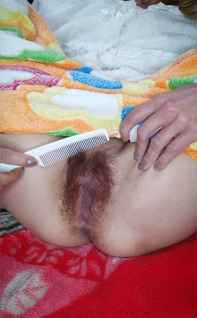 Abella Love: Cute babe fingering and combing her hairy pussy POV