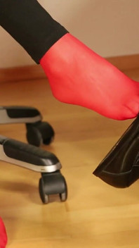 Red Stockings & Stiletto Footplay Under Leggings