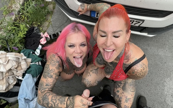 Cat-Coxx: Two Horny Leather Tattoo Sluts Fuck Truck Driver at the...
