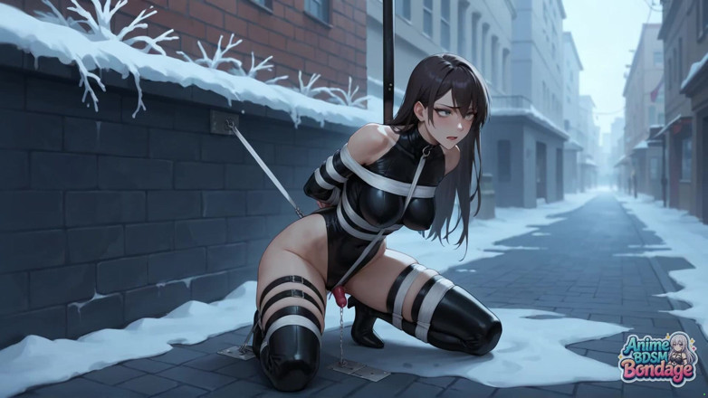 Anime BDSM Bondage: A Messy Restrain Bondage Scene on a Snowy Street with...