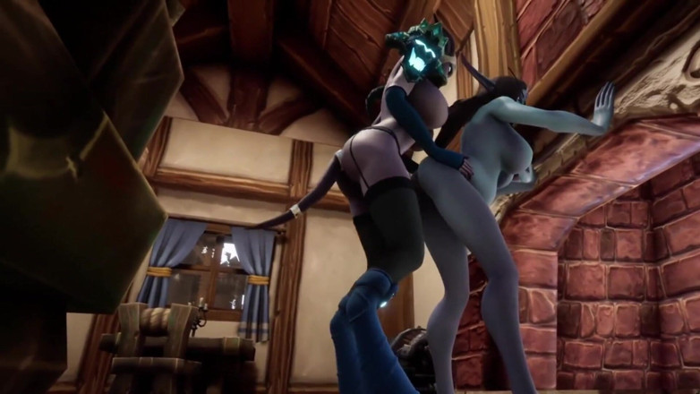 Wraith Futa: Shemale demon scopa elfo incinta davanti al camino