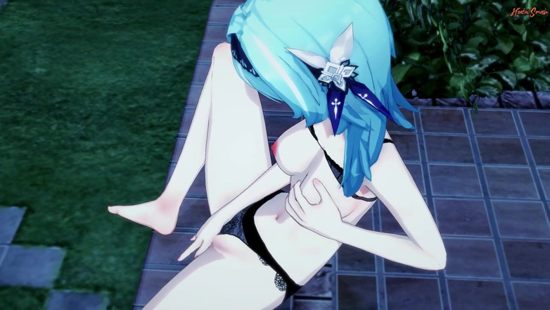 Hentai Smash: Eula fingers her pussy outside in the garden - Genshin impact...