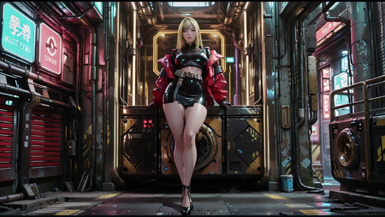 Seraphina Vale: Red Leather Jacket Glistening Under Neon Rain, Kneeling Pose That...
