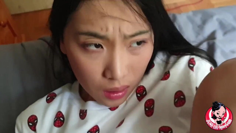 SpicyGum: June Liu- Cute Chinese student blowjob &amp; fucked hard wearing spiderman...