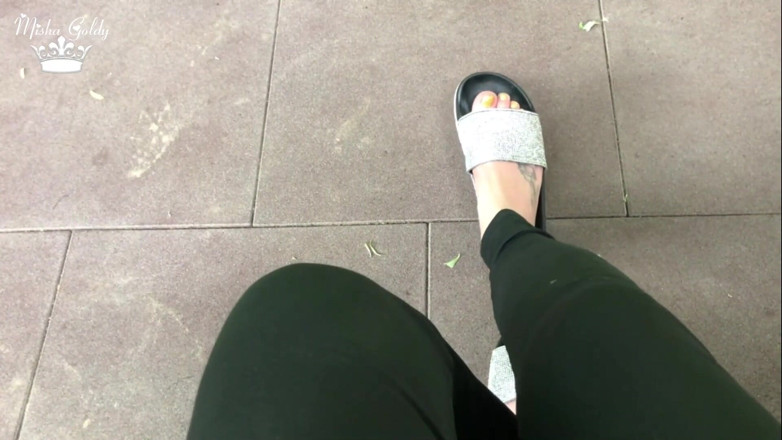Goddess Misha Goldy: My new shiny slippers dangling everywere outdoor