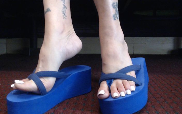 TLC 1992: Long White Toenails Wedge Blue Flipflops