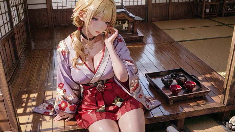 Seraphina Vale: Blonde Goddess in the Japanese Corridor, Lazy Gazes, Hand on...