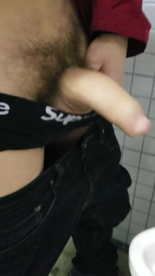 JohnholmesjuniorCA: Johnholmesjunior Flashing His Monster Cock in Men's Vancouver Park Bathroom...