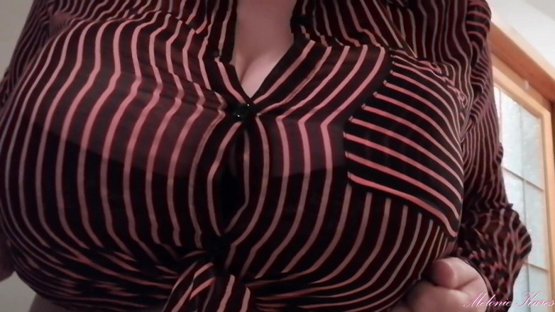 Melonie Kares: Black bra blouse big boobs bounce POV