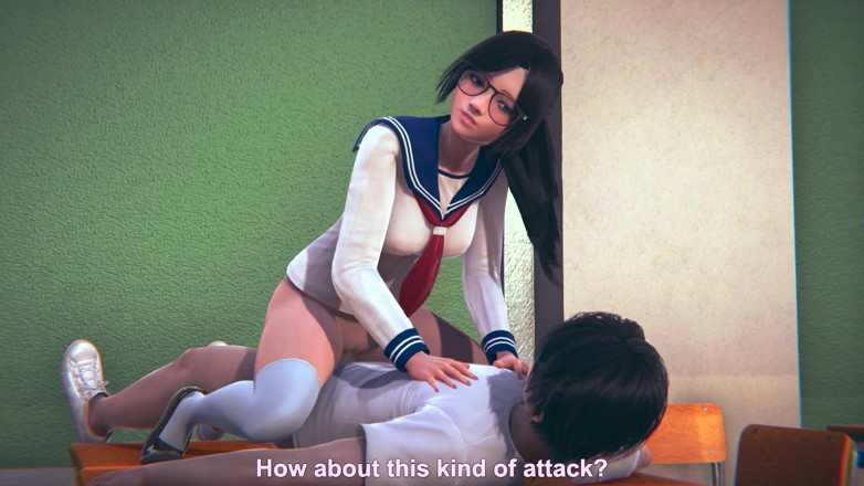 Waifu club 3D: A college girl with glasses sits on a classmate's cock