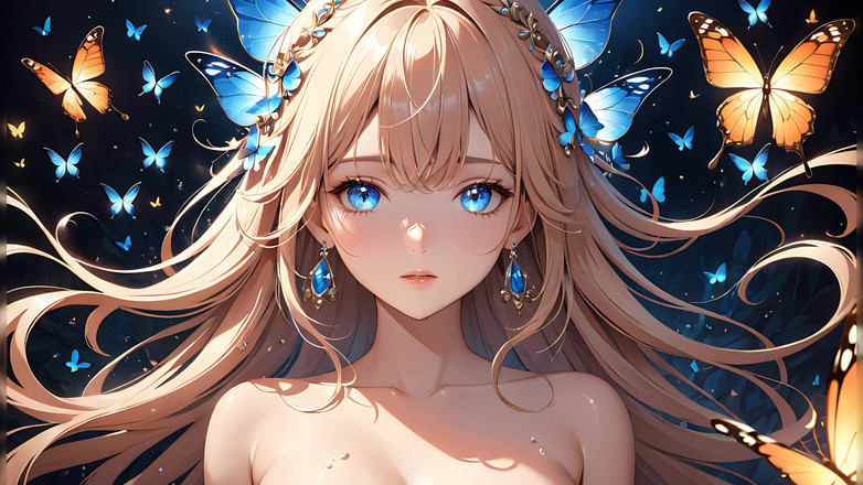 LustRender: 蝶は輝く美しい若い女性で、輝く翼を周囲に広げている