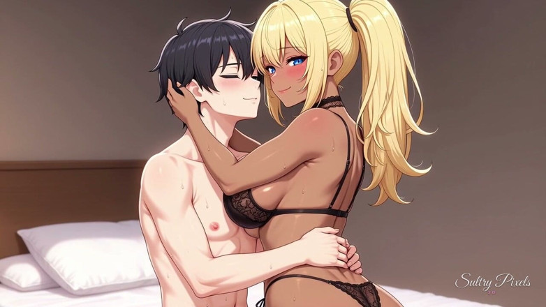 Sultry Pixels 3D: Si blonde tanned cergas dalam renda hitam memanjat ke dalam...