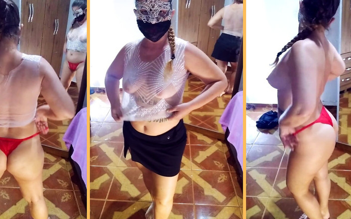 Mirelladelicia: 옷을 벗고 검은 치마, 투명한 흰색 블라우스와 빨간 팬티