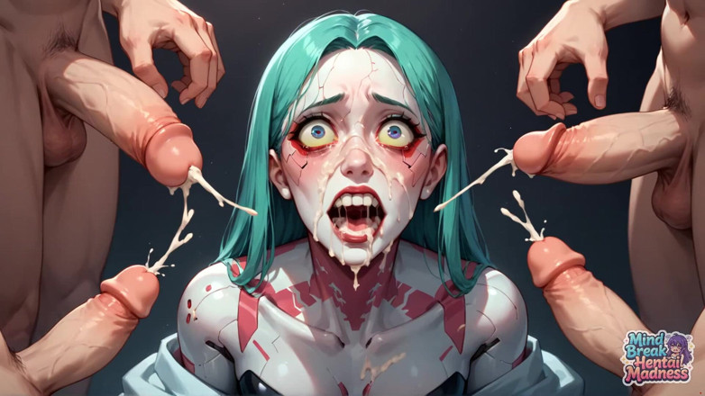 Mind Break Hentai Madness: Yeşil saçlı çatlak boyun zihin molası: robot erkekler sıvı patlaması