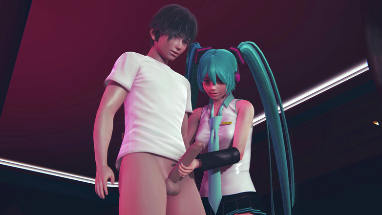 Waifu club 3D: Miku дрочит член гостье на публике