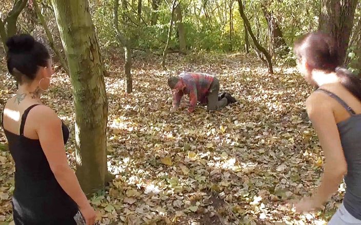 Femdom Austria: Training their old pet slave in the forest