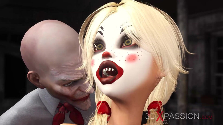 3dxpassion: Joker terk edilmiş odada palyaço maskesiyle sevimli seksi bir sarışını...