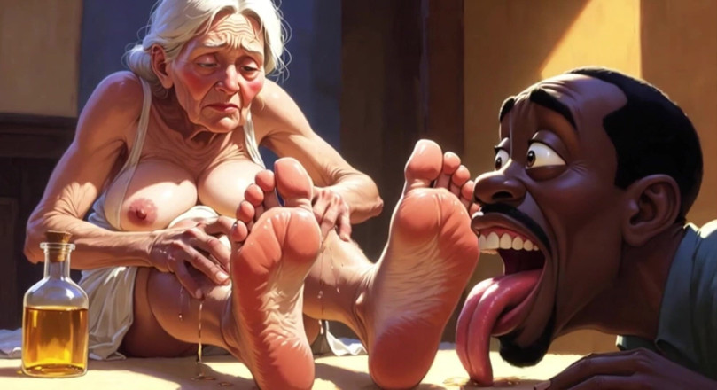 Anime Hentai: Old Granny Foot Worship - Man Licking Oiled Wrinkled Soles