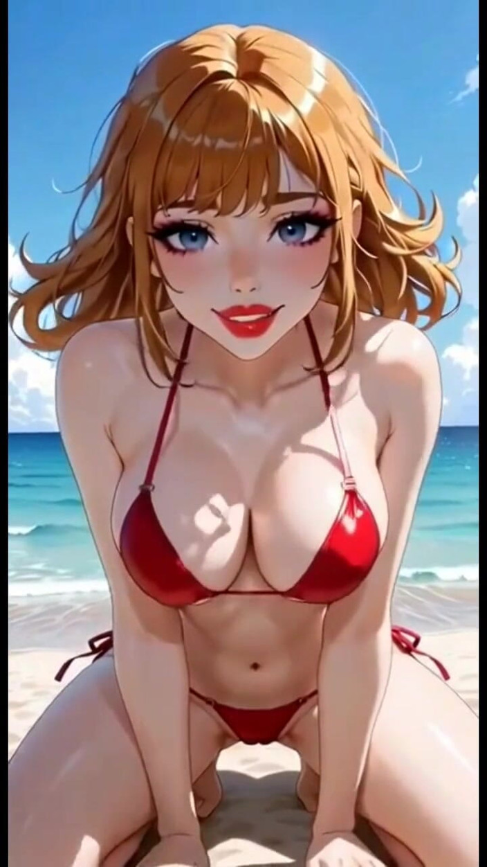 Hot girl dancing: 해변에서 신음하는 귀여운 빨간 머리 비키니, Ai Animation