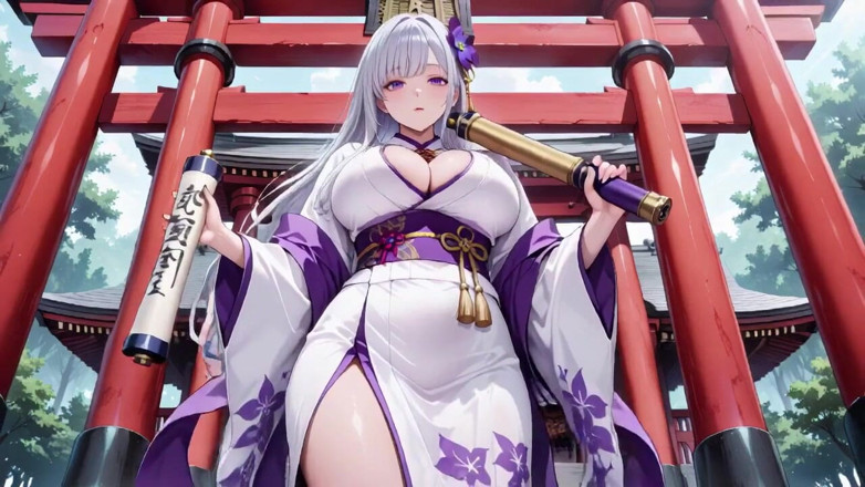 Tay Swift X: Silver-haired Miko Shrine Secrets! Half-unbuttoned White Kimono, Kneeling Poses and...
