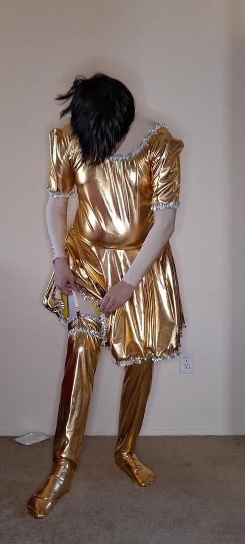 Pup Zentai: Shiny gold maid dress up