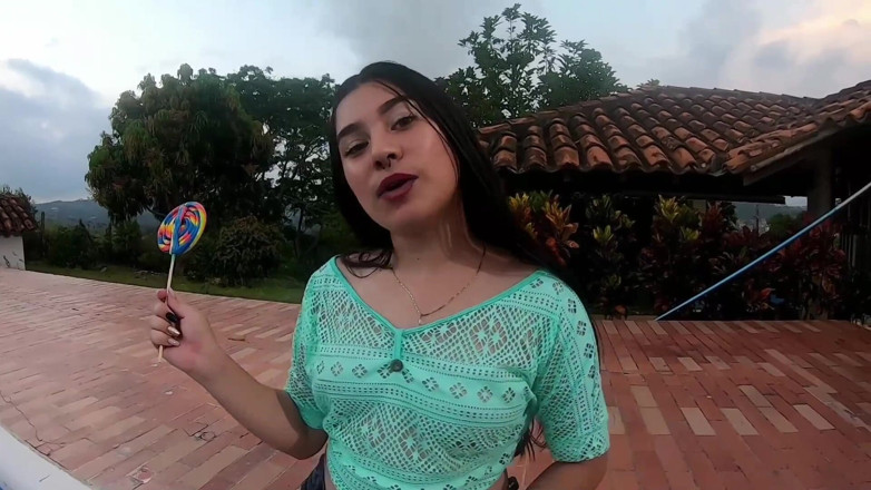 Sara films: Horny slut sucks paddle and shows her tits