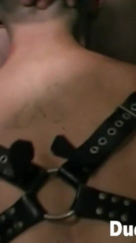 Submissive Dude Wearing Leather Attire Gagging Dom's Humongous Cock