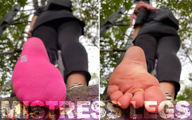 Mistress Legs: Pink Socks and Natural Rough Wrinkled Soles Above You Outdoor