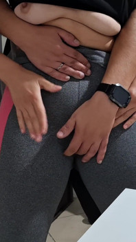 Masturbating Her Camel Toe on the Table with the Neighbor's Help.