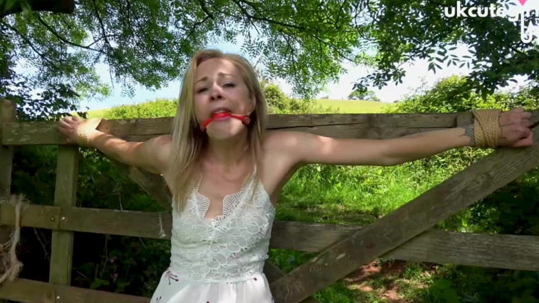 UKCuteGirl Lucy Lauren: Damsel Tied to Gate Crucifix Bondage &amp; Ballgagged