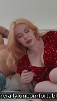 Curvy Blonde Step Mom in Tiny Red Dress Rests Head on Stepson Lap and Gets Her Throat and Tight Pussy Claimed with Creampie