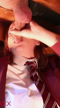 Hot British Schoolgirl Sucks Anonymous Cock at the Milking Table