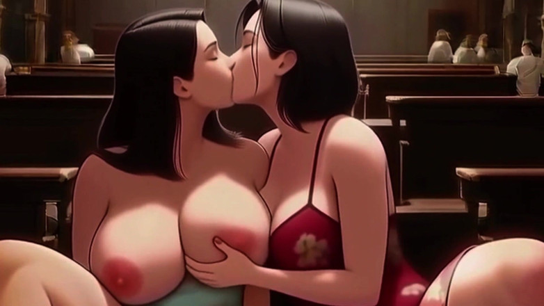 Spicy Toons: Sütlü orta yaşlı seksi kadınlar kilise töreni sırasında birbirlerini emziriyor