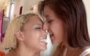 Lesbian Illusion: Ebony blonde and brunette white chick enjoy together on the...