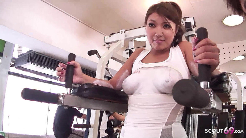 Asian porn collection: Asian teen with hairy pussy filmed in gym at gangbang