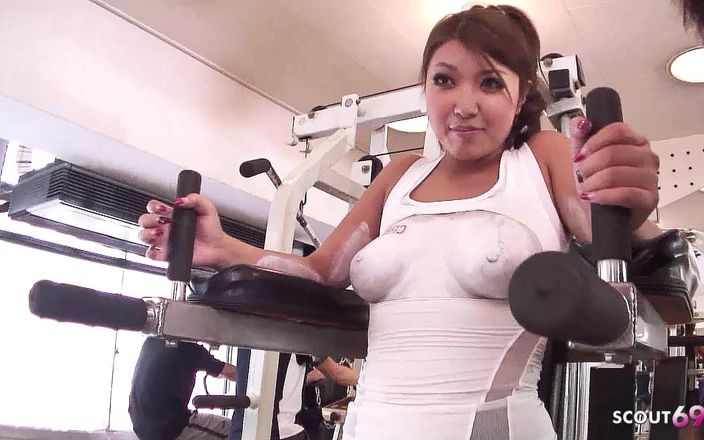 Full porn collection: Asian teen with hairy pussy filmed in gym at gangbang